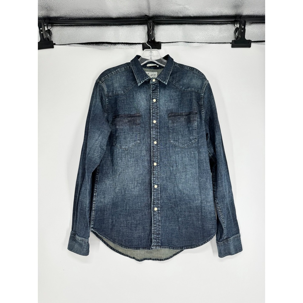 Lucky Brand Western Shirt Men Medium Jean Denim Long Sleeve Pearl Snap Dark Wash